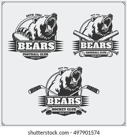 Football, baseball and hockey logos and labels. Sport club emblems with head of bear.