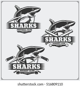 Football, baseball and hockey logos and labels. Sport club emblems with shark.