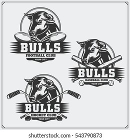 Football, baseball and hockey logos and labels. Sport club emblems with bull.