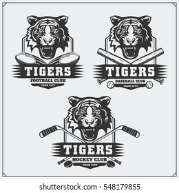 Football, baseball and hockey logos and labels. Sport club emblems with tiger.