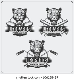 Football, baseball and hockey logos and labels. Sport club emblems with leopard.