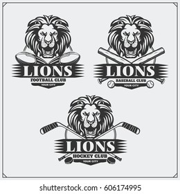 Football, baseball and hockey logos and labels. Sport club emblems with lion.