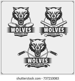 Football, baseball and hockey logos and labels. Sport club emblems with wolf.