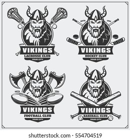 Logotipos y etiquetas de fútbol, béisbol, lacrosse y hockey. El club deportivo se emblema con el viking.