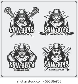 Football, baseball, lacrosse and hockey logos and labels. Sport club emblems with cowboy.