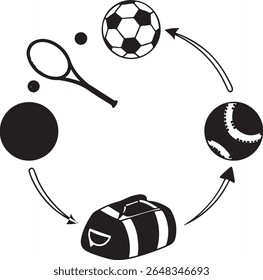 Football, baseball, tennis bat and kit beg silhouette design 