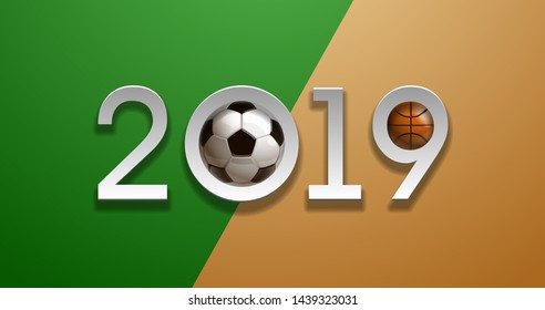 Football basketball 2019 championship Design greeting card banner. greeting card with new year 2019 logo Realistic 3d soccer and basketball balls above on field. classic leather football ball postcard