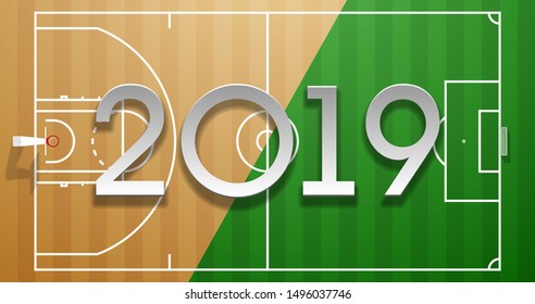 Football and basketball 2019 championship Design greeting card banner. greeting card with new year Realistic 3d 2019 logo above soccer and basketball field. classic football field postcard