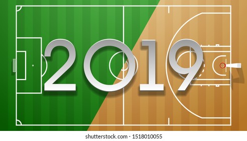 Football and basketball 2019 championship Design greeting card banner. greeting card with new year Realistic 3d 2019 logo above soccer and basketball field. classic football field postcard