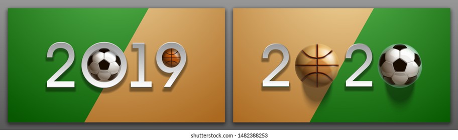 Football basketball 2019-2020 championship Design greeting card banner. greeting card with new year 2019-2020 logo Realistic 3d soccer and basketball balls above field. classic football 
