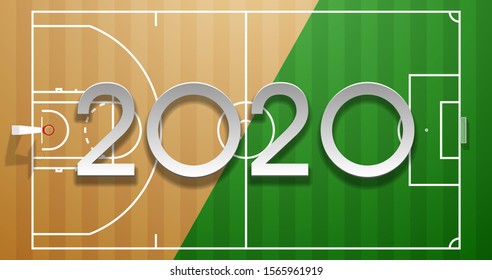 Football and basketball 2020 championship Design greeting card banner. greeting card with new year Realistic 3d 2020 logo above soccer and basketball field. classic football field postcard