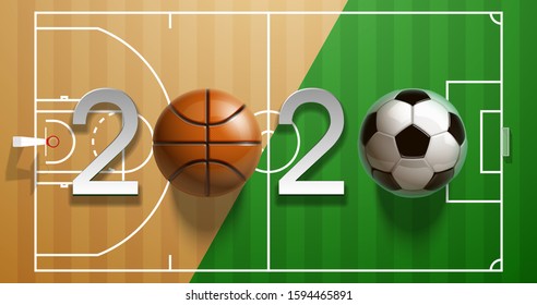 Football basketball 2020 championship Design greeting card banner. greeting card with new year 2020 logo Realistic 3d soccer and basketball balls above on field. classic leather football ball postcard