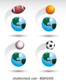 Football, basketball, baseball, and soccer ball around the world