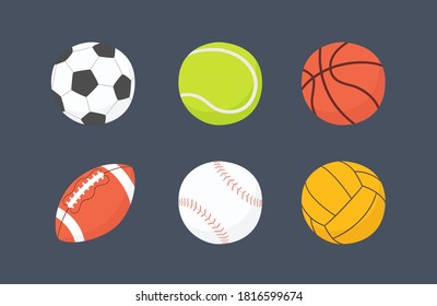 Football, basketball, baseball, tennis, volleyball, water polo balls. Hand drawn vector illustration in cartoon and flat style on dark background