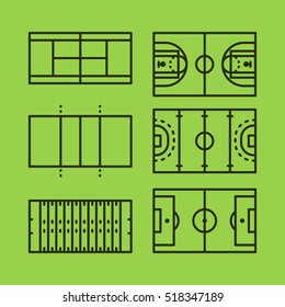 Football Basketball Soccer Hockey Tennis Volleyball Field Arena Court Sport Vector Line Stroke Icon Set
