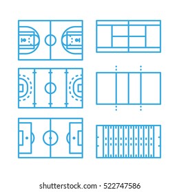 Football Basketball Soccer Hockey Tennis Volleyball Field Arena Court Sport Vector Line Stroke Icon Set