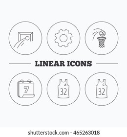 Football, basketball and team captain icons. Team assistant linear sign. Flat cogwheel and calendar symbols. Linear icons in circle buttons. Vector