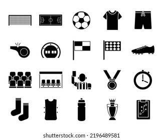 Football black icon set. Soccer, shoes, shirt, referee, trophy vector illustration. Suitable for website or content design