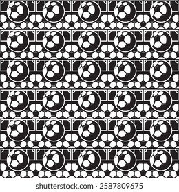 Football black and white vector square seamless pattern with classic ball texture and field. Soccer background.