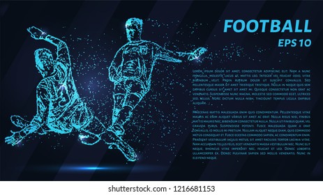 Football of blue glowing dots. Football players are fighting for the ball