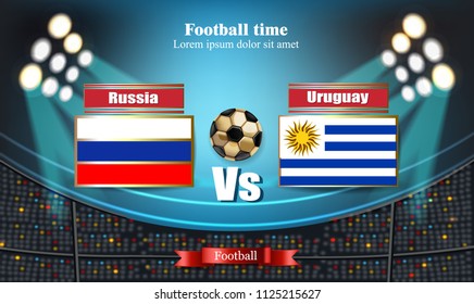 Football board Russia flag VS Uruguay. 2018 World championship template match. teams soccer national flags. red and blue trend sport background