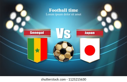 Football board Senegal flag VS Japan. 2018 World championship template match. teams soccer national flags. red and blue trend sport background