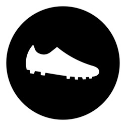 A Football Boot Symbol In The Center. Isolated White Symbol In Black Circle. Vector Illustration On White Background