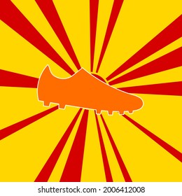 Football boot symbol on a background of red flash explosion radial lines. The large orange symbol is located in the center of the sun, symbolizing the sunrise. Vector illustration on yellow background