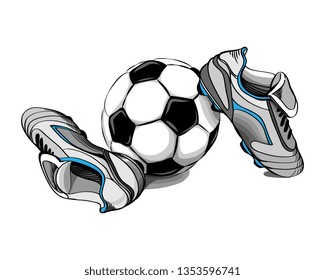 Football boots with ball on a white background. Vector illustration.