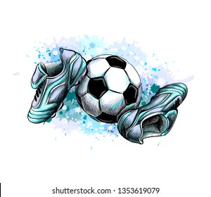 Football boots with ball from a splash of watercolor, hand drawn sketch. Vector illustration of paints
