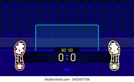 football boots different team match show name bar time and score on center point. a goal in front of fan club chair. beautiful color background. vector illustration eps10