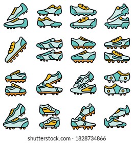 Football boots icons set. Outline set of football boots vector icons thin line color flat on white