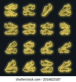 Football boots icons set. Outline set of football boots vector icons neon color on black