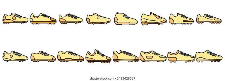 Football boots icons set outline vector. Soccer boot. Sport uniform color line isolated