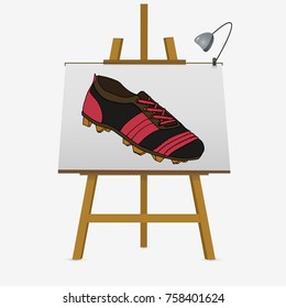 Football boots, soccer shoes. Hand drawn vector illustartion on easel