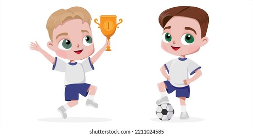 football boys with ball and prize cup on the white background