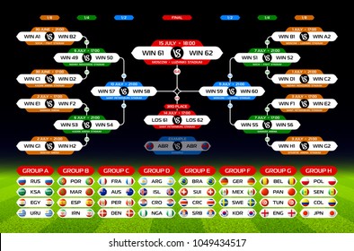 Football bracket template for football championship in Russia 2018, with flags of soccer teams, date, time & location, vector illustration