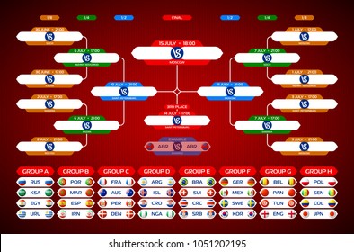 Football bracket template for football championship in Russia 2018, with flags of soccer teams, date, time & location, vector illustration