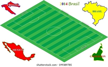 Football Brasil 2014, 3D soccer field with group A teams (Brasil, Cameroon, Mexico, Croatia)