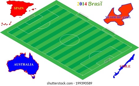 Football Brasil 2014, 3D soccer field with group B teams (Netherlands, Spain, Australia, Chile)