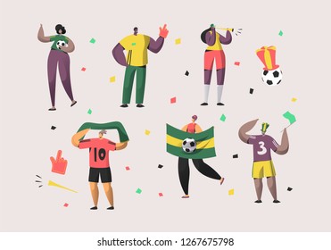 Football Brazil Fan Character Set Illustration. Happy Friend Team Celebrate Brazilian Soccer National Victory. Man Woman Crowd Hold Flag, Scarf Isolated Background Flat Cartoon Vector Collection