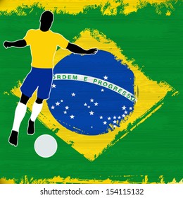 Football Brazil, Vector Soccer player over a grunged Brazilian Flag