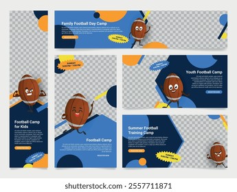 Football camp summer training banner poster with copy space design template set vector illustration. Sport team game competition championship for family and kids with ball cartoon character