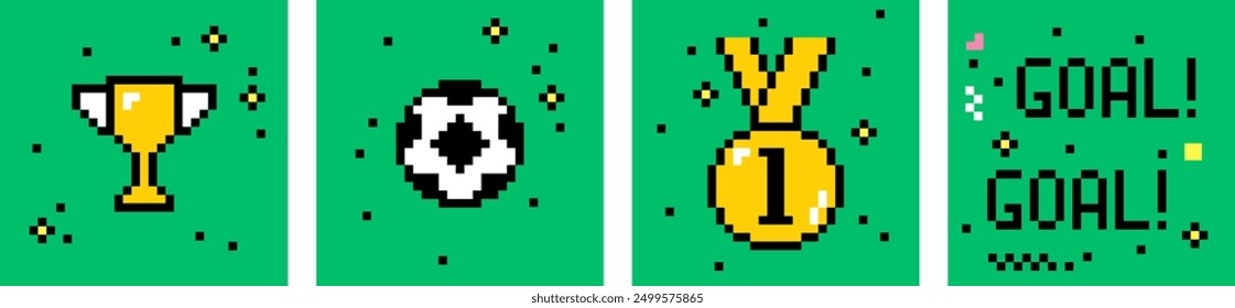 Football card set. Soccer. Ball. Winner cup. Gold medal. Pixel art 8 bit design. Pixels Y2k trendy playful stickers. Pixelated abstract icons. Mood of 90's aesthetics. Simple form. Green background