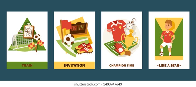 Football cards vector illustration set. Invitation for match or championship. Cartoon professional football player like a star. Champion time for winners in tournament. Training for sportsmen.