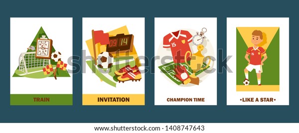 Vektor Stok Football Cards Vector Illustration Set Invitation (Tanpa ...