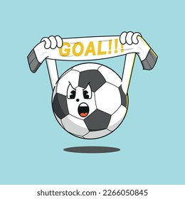 Football cartoon character with goal expression and hand holding shawl . Isolated background vector illustration