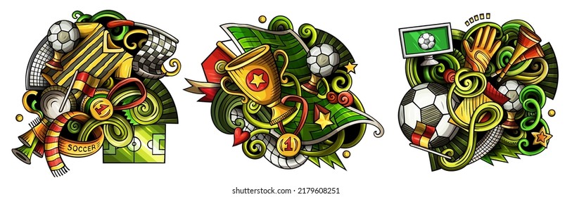 Football cartoon vector doodle designs set. Colorful detailed compositions with lot of soccer objects and symbols. Isolated on white illustrations