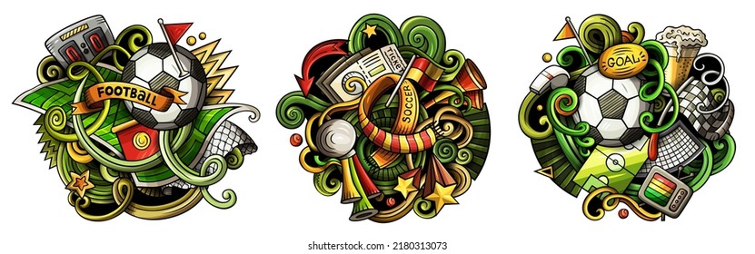 Football cartoon vector doodle designs set. Colorful detailed compositions with lot of soccer objects and symbols. Isolated on white illustrations