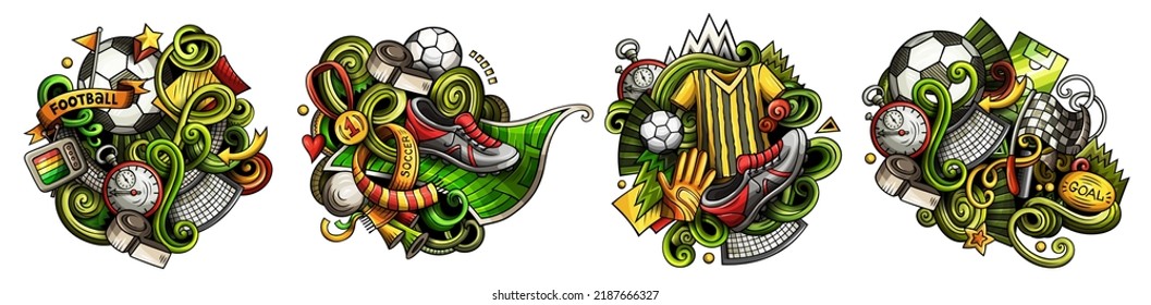 Football cartoon vector doodle designs set. Colorful detailed compositions with lot of soccer objects and symbols. Isolated on white illustrations